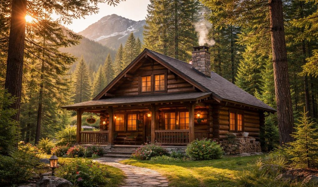 maison-bois-foret-montagnes-ensoleillee