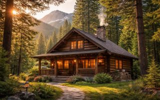 maison-bois-foret-montagnes-ensoleillee