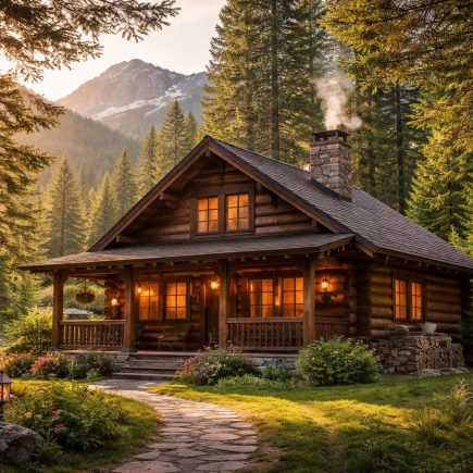 maison-bois-foret-montagnes-ensoleillee