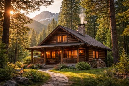 maison-bois-foret-montagnes-ensoleillee