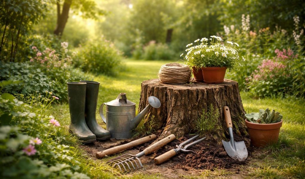 jardin-verdoyant-souche-outils-arbres
