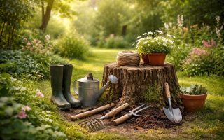 jardin-verdoyant-souche-outils-arbres