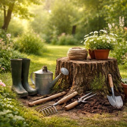 jardin-verdoyant-souche-outils-arbres