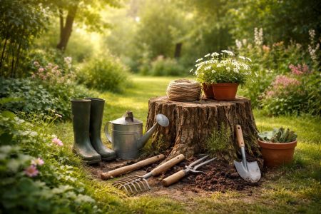 jardin-verdoyant-souche-outils-arbres