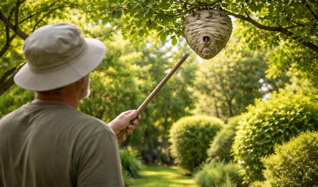 jardin-verdoyant-personne-baton-nid-guepes