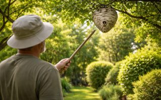 jardin-verdoyant-personne-baton-nid-guepes