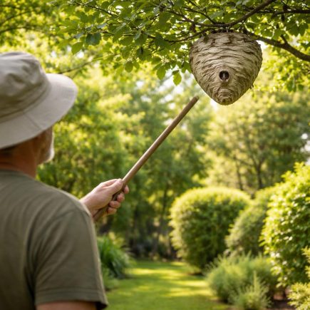 jardin-verdoyant-personne-baton-nid-guepes