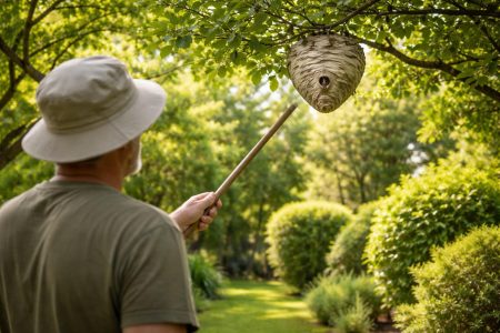 jardin-verdoyant-personne-baton-nid-guepes