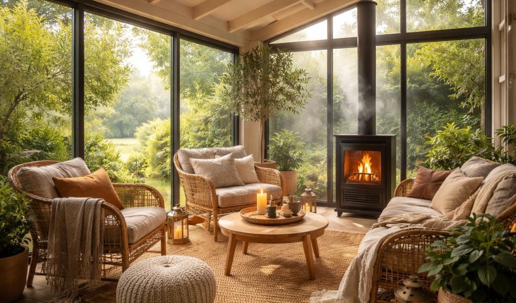 veranda-lumineuse-poele-bois-fauteuils-jardin