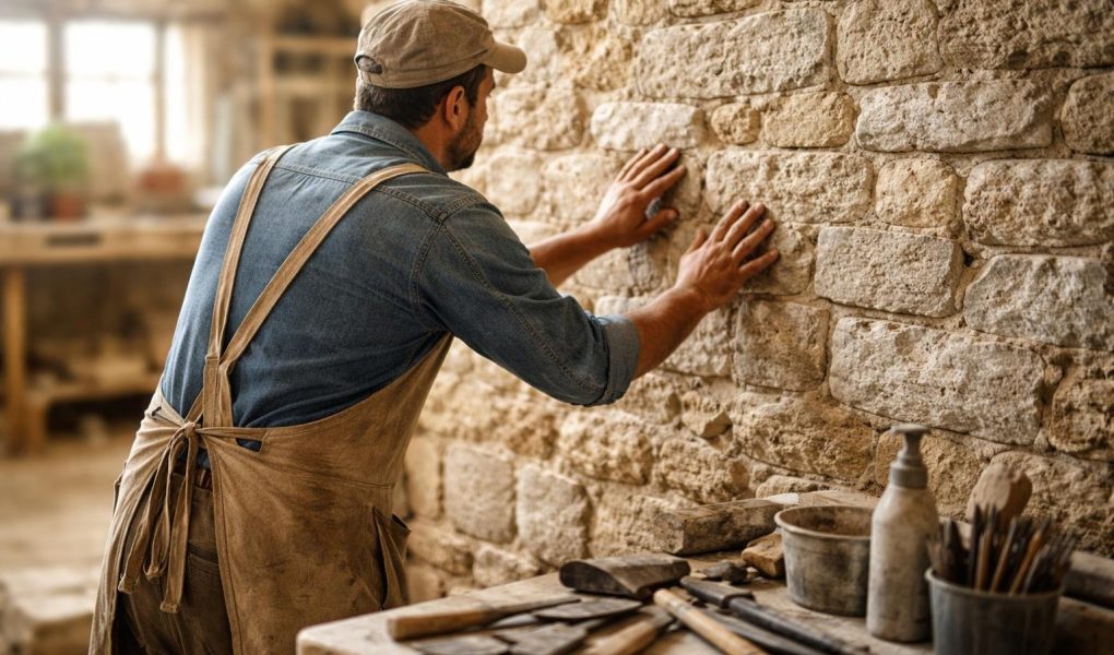 artisan-examinant-mur-pierre-outils